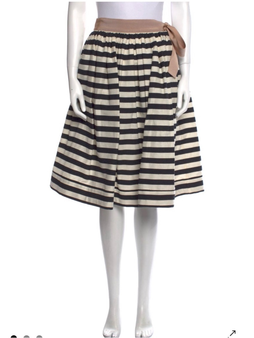 Striped black and Cream Midi Skirt with Tan Waist Tie